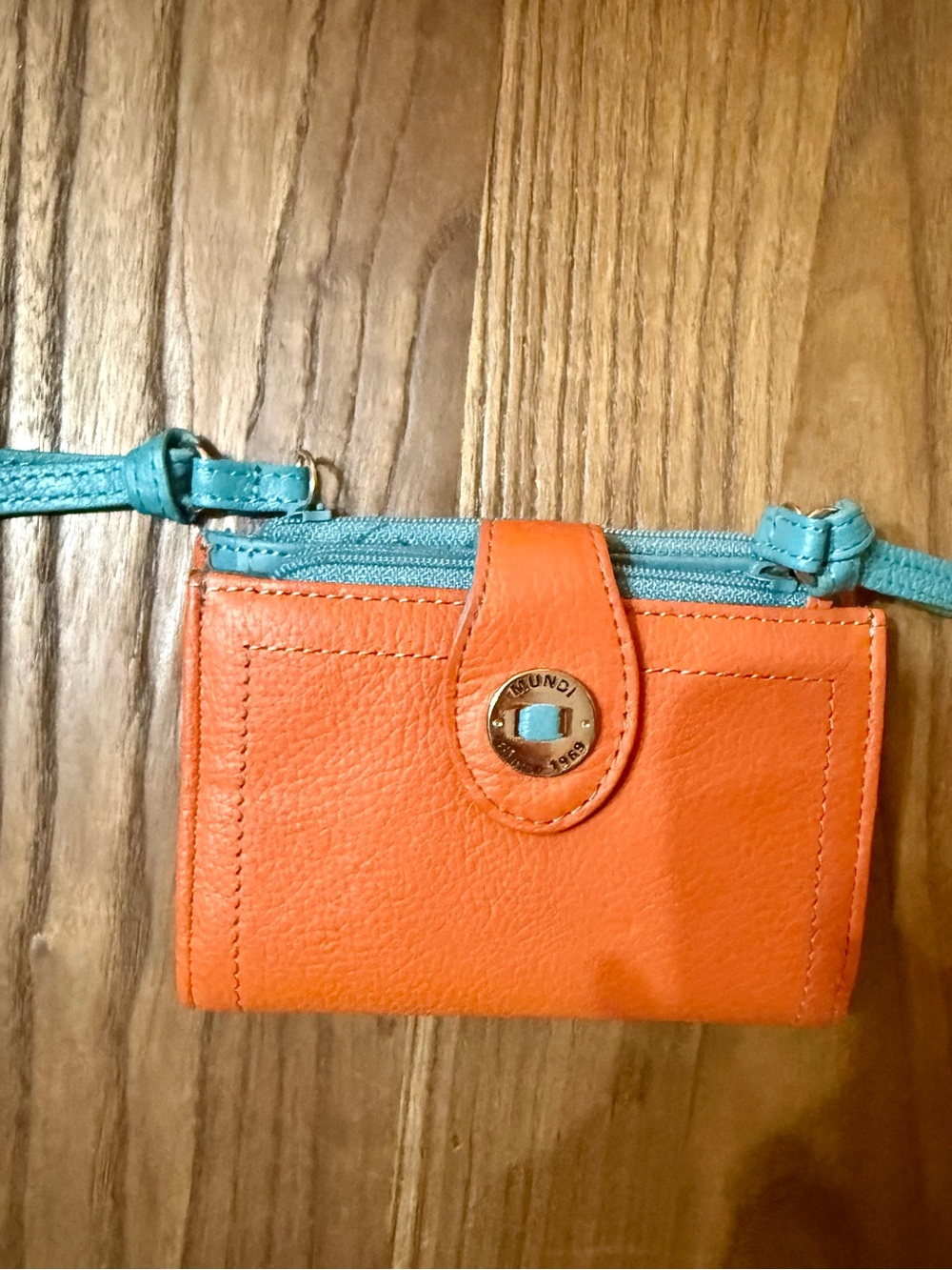 Mundi Tri-Fold Leather Wallet Orange & Teal Like New